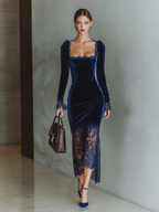 Mira | Dames Maxi Jurk - Bordeaux Fluweel Saffierblauw