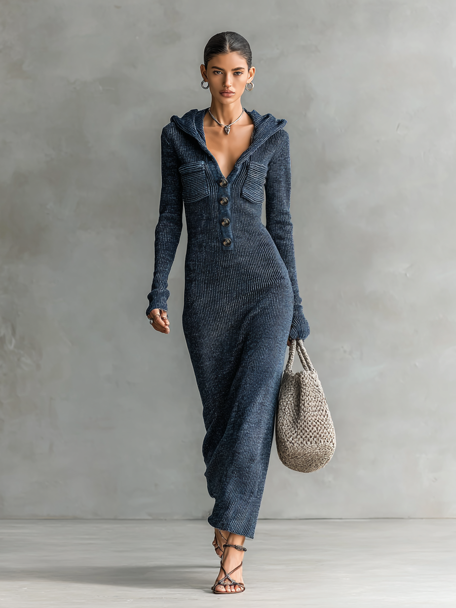 Mira | Dames Maxi Jurk - Gebreide Stof met Capuchon en Lange Mouwen