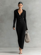 Mira | Dames Maxi Jurk - Gebreide Stof met Capuchon en Lange Mouwen Zwart