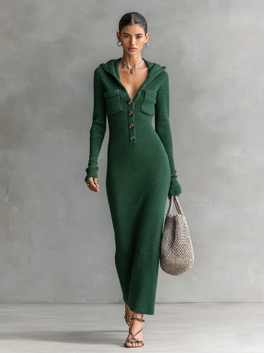 Mira | Dames Maxi Jurk - Gebreide Stof met Capuchon en Lange Mouwen Groen