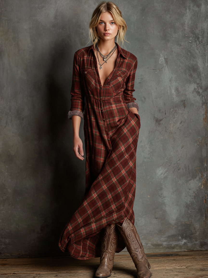 Mira | Dames Maxi Jurk - Geruite Katoen met Lange Mouwen, Casual Chic Rood
