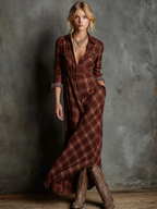 Mira | Dames Maxi Jurk - Geruite Katoen met Lange Mouwen, Casual Chic Rood