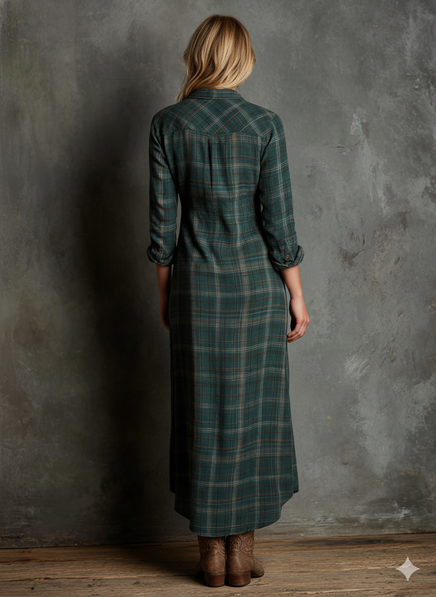 Mira | Dames Maxi Jurk - Geruite Katoen met Lange Mouwen, Casual Chic