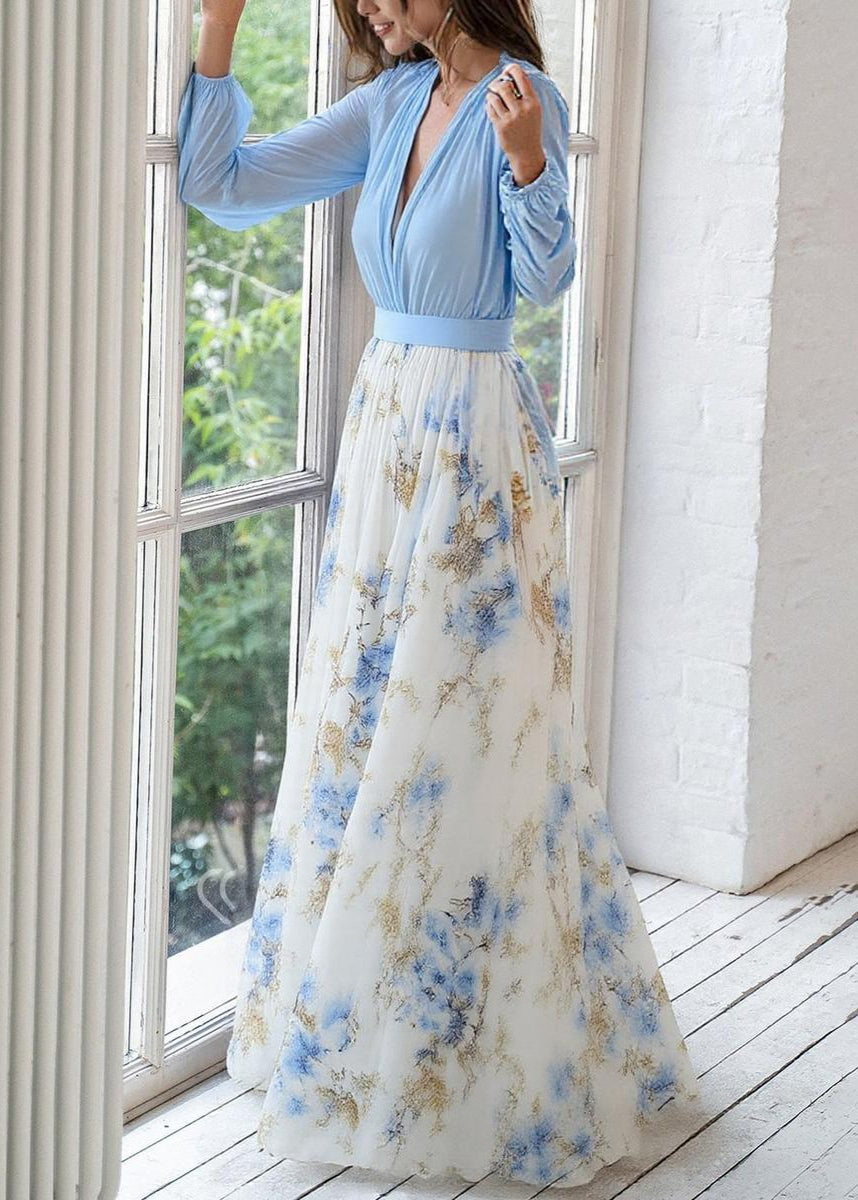 Mira | Dames Maxi Jurk - Lange Mouwen, Diepe V-hals, Bloemenprint