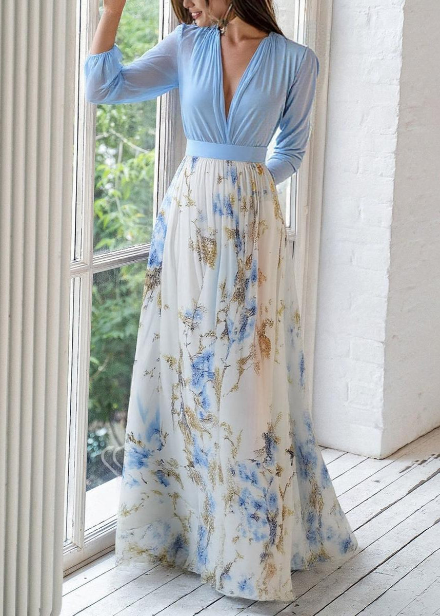 Mira | Dames Maxi Jurk - Lange Mouwen, Diepe V-hals, Bloemenprint