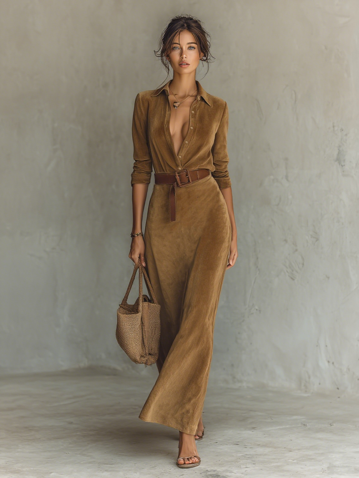 Mira | Dames Maxi Jurk - Zacht Suède, Elegante Reverskraag Lange Mouwen
