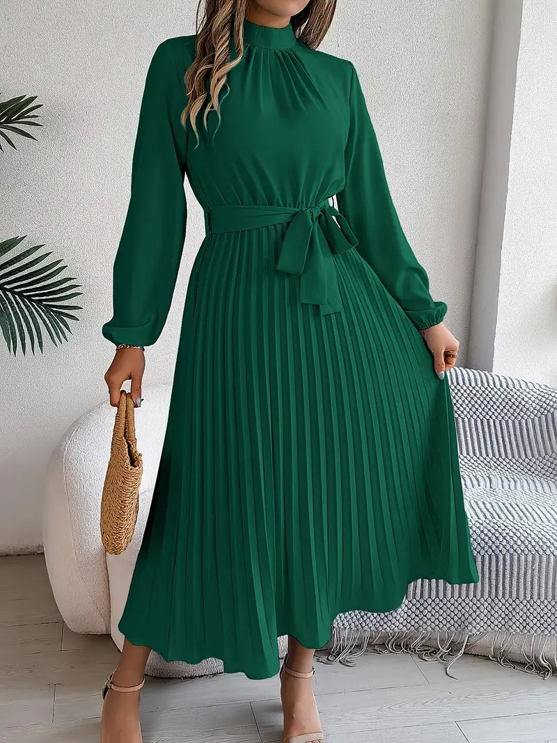 Mira | Dames Midi-jurk - Geplooide Taille, Lange Mouwen, Elegante Look Groen