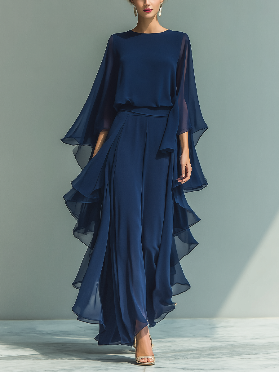 Mira | Dames Tweedelige Set - Chiffon Marineblauw met Ruches Marineblauw