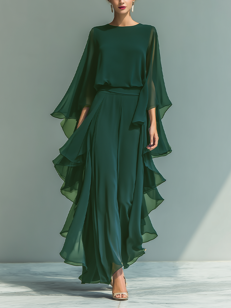 Mira | Dames Tweedelige Set - Chiffon Marineblauw met Ruches Groen