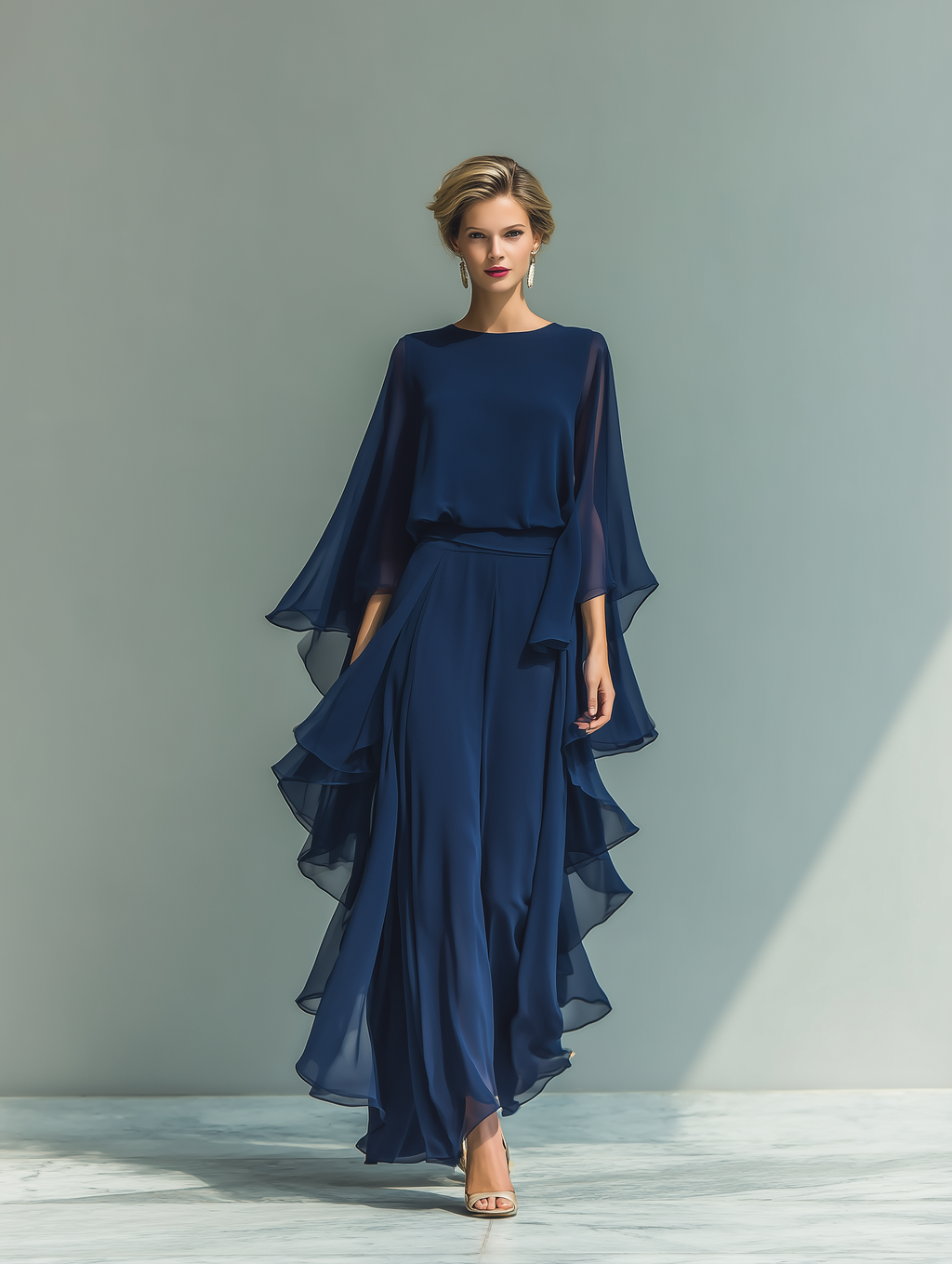 Mira | Dames Tweedelige Set - Chiffon Marineblauw met Ruches
