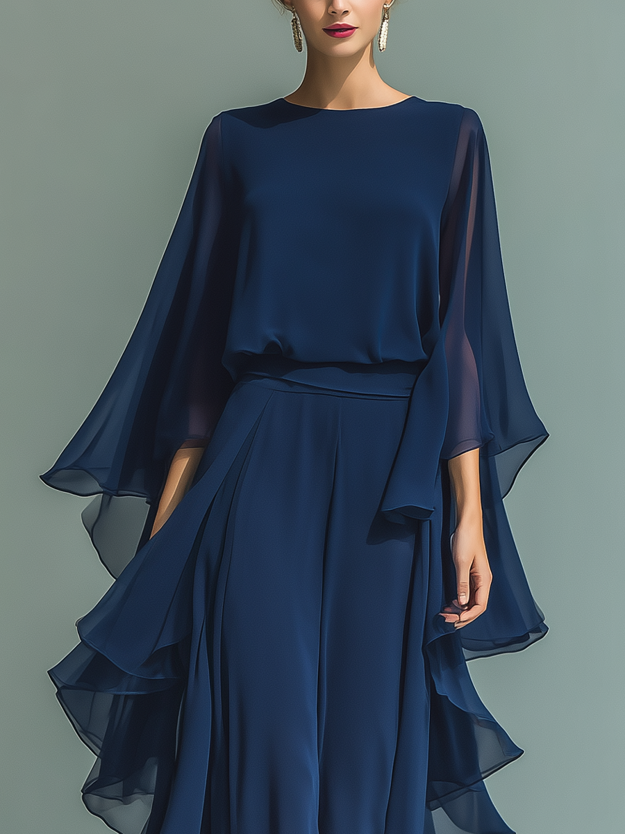 Mira | Dames Tweedelige Set - Chiffon Marineblauw met Ruches