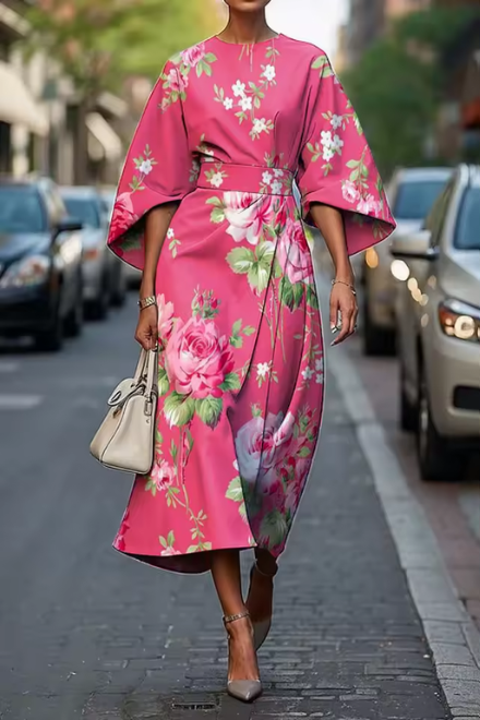 Mira | Damesjurk Zomer - Vloeiende Silhouet, Romantisch Bloemendesign Roze