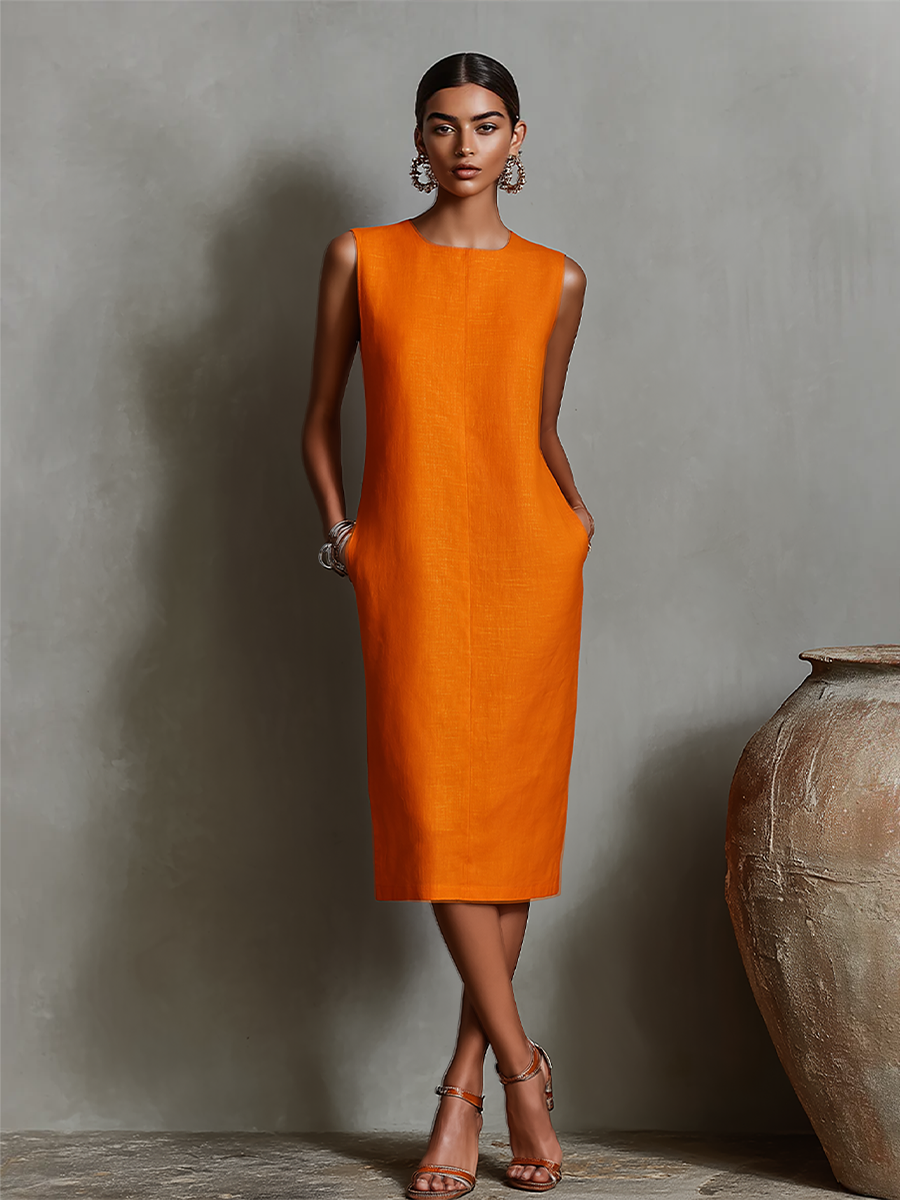 Mira | Damesjurk - Linnen Mouwloos met Zijzakken, Casual Zomerstijl Oranje
