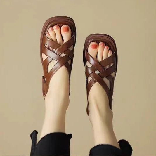 Mona | Dames Sandalen - Leren Gladiatorstijl, Minimalistisch Design Bruin