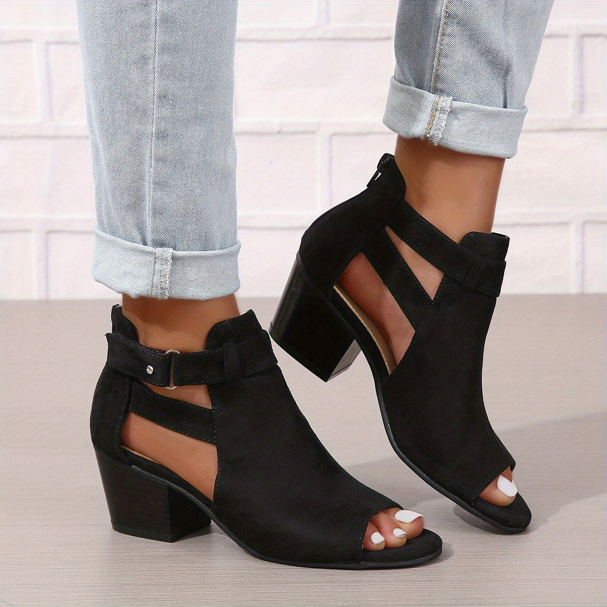 Mora | Dames Blokhaklaarzen - Zacht Synthetisch Materiaal, Peep-Toe