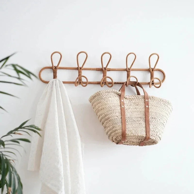 Rotan Muurhaak voor Natuurlijke Decoratie – 3 of 5 Haken, Duurzaam en Lichtgewicht, Perfect voor Kleding en Accessoires