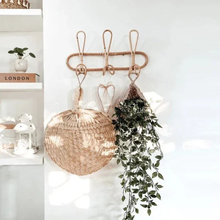 Rotan Muurhaak voor Natuurlijke Decoratie – 3 of 5 Haken, Duurzaam en Lichtgewicht, Perfect voor Kleding en Accessoires 3 haken 40*8*20cm