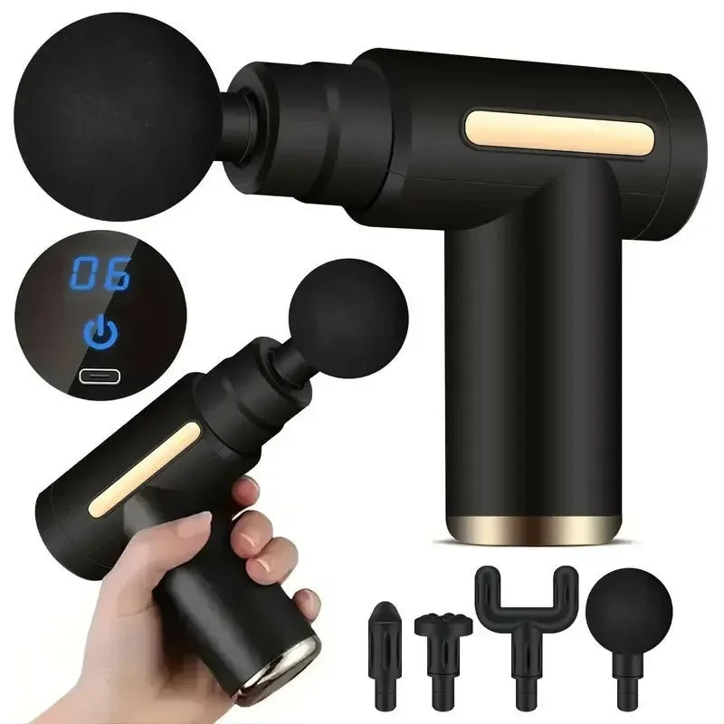 USB Mini Massage Gun – Compact Massagepistool met 4 Opzetstukken & Instelbare Intensiteit – voor Sport, Kantoor & Op Reis