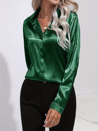 Samantha | Dames Blouse - Luxe Satijn, Lange Mouwen Donkergroen