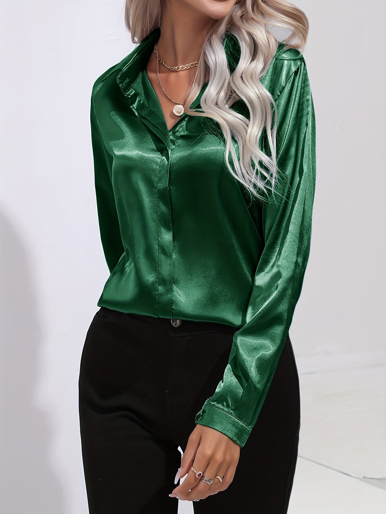 Samantha | Dames Blouse - Luxe Satijn, Lange Mouwen Donkergroen