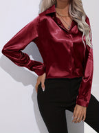 Samantha | Dames Blouse - Luxe Satijn, Lange Mouwen Donkerrood