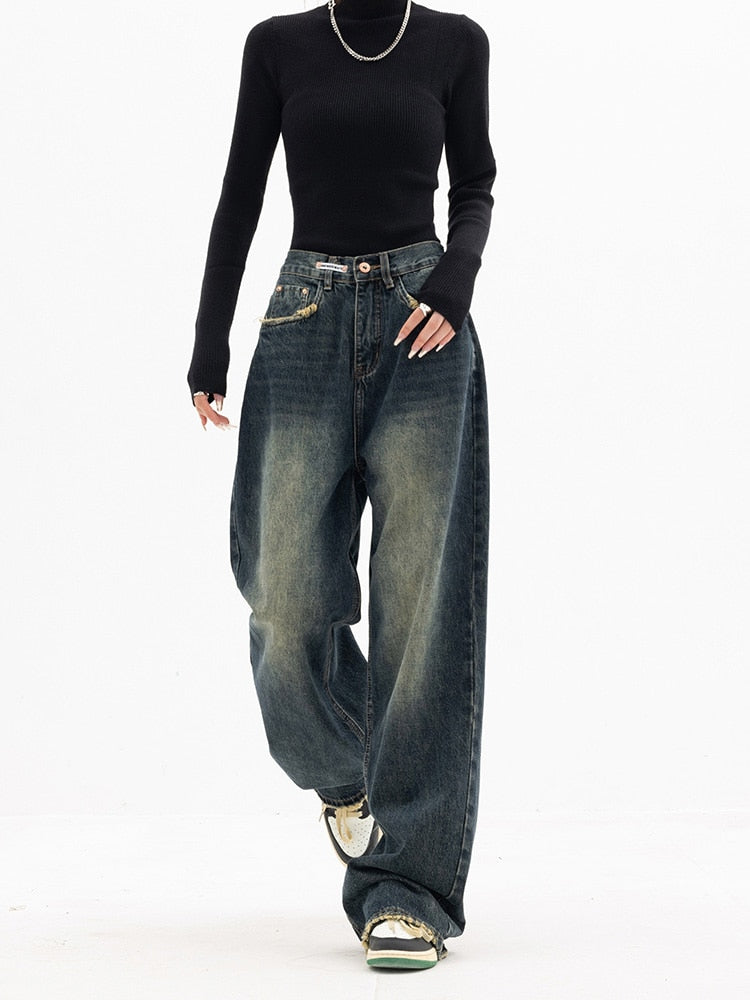 Vintage Baggy Dames Jeans – High Waist Wide Leg Jeans, Blauwgrijs, S–XL – Aria