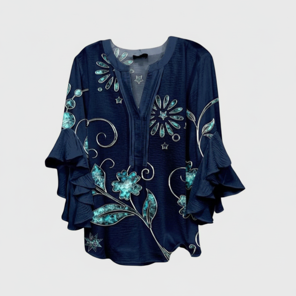Tina | Dames Blouse - Elegante Stijl met V-Hals en Ruches Donkerblauw