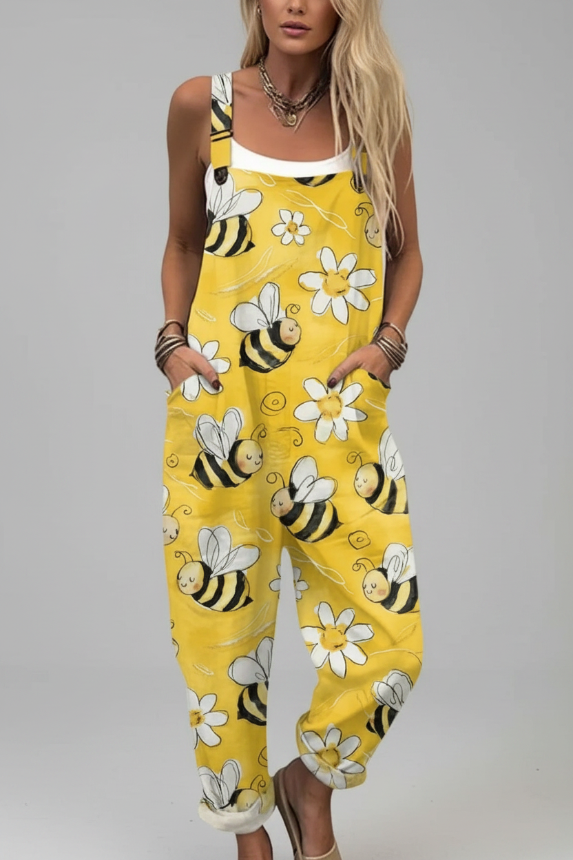 Sasha | Jumpsuit Dames - Vintage Bijenprint Casual Geel - Grote Bijen