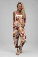 Sasha | Jumpsuit Dames - Vintage Bijenprint Casual Roze - Schotse Hooglander Print