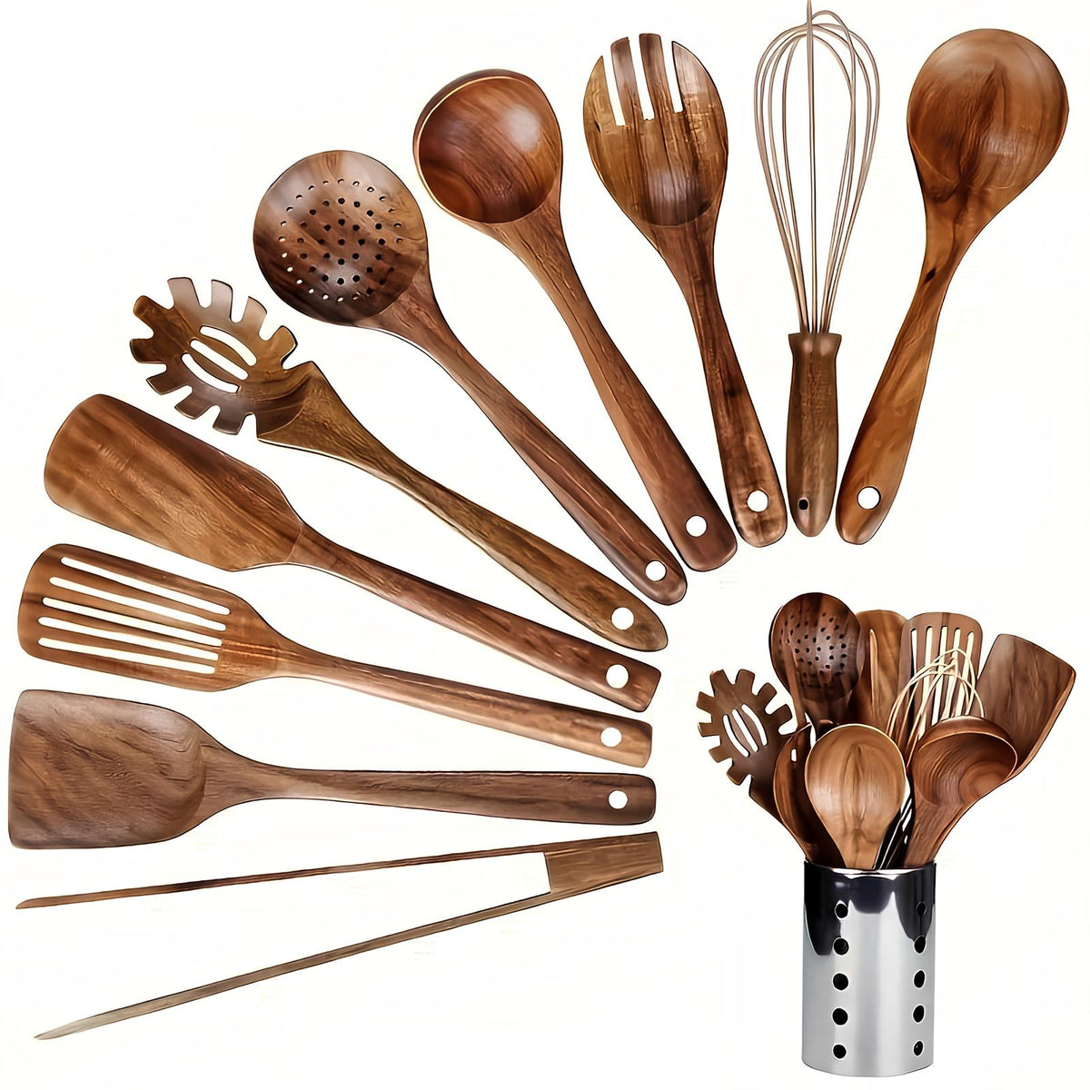 11-delige Keukengerei Set van Teakhout – Inclusief Houder – Natuurlijke Look voor de Keuken Bruin