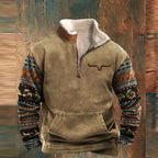 Ranches | Fleece Western Trui met Kwart Rits voor Heren - Warme Fleece Sweater met Opstaande Kraag & Vintage Aztec Etnisch Patroon Khaki