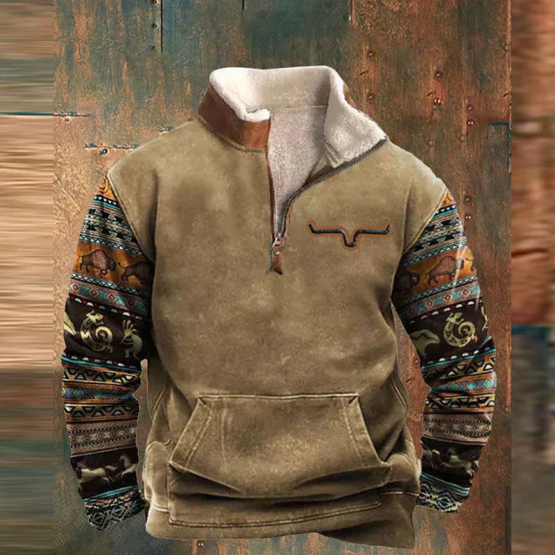 Ranches | Fleece Western Trui met Kwart Rits voor Heren - Warme Fleece Sweater met Opstaande Kraag & Vintage Aztec Etnisch Patroon Khaki