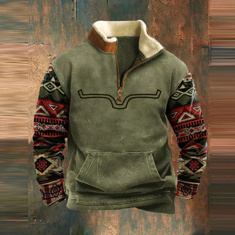 Ranches | Fleece Western Trui met Kwart Rits voor Heren - Warme Fleece Sweater met Opstaande Kraag & Vintage Aztec Etnisch Patroon