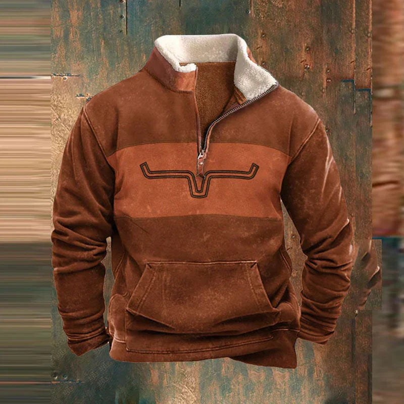 Ranches | Fleece Western Trui met Kwart Rits voor Heren - Warme Fleece Sweater met Opstaande Kraag & Vintage Aztec Etnisch Patroon Oranje