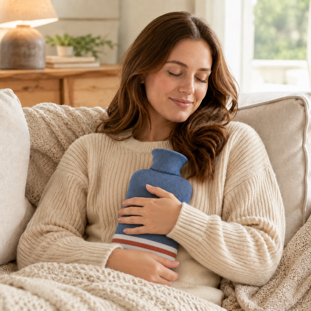 Warmwaterkruik met Gebreide Hoes 1 Liter – Zachte Warmte voor Koude Winteravonden, 5 Kleuren