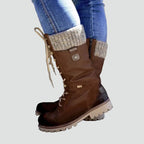 Luna | Warme Winterlaarzen voor Dames met Hoge Schacht - Gevoerde Veterboots met Warme Voering, Vetersluiting & Antislip Profielzool Bruin