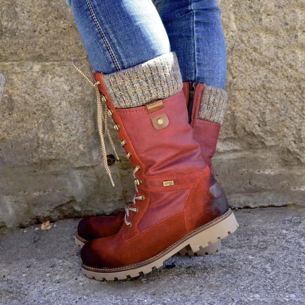 Luna | Warme Winterlaarzen voor Dames met Hoge Schacht - Gevoerde Veterboots met Warme Voering, Vetersluiting & Antislip Profielzool Rood