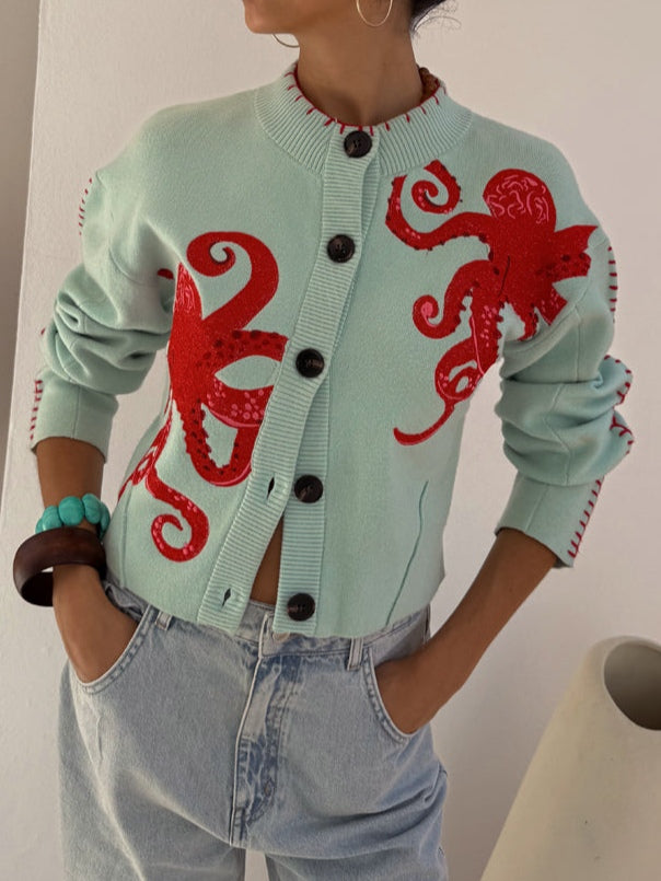 Tasana | Uniek Dames Gebreid Vest met Octopus Patroon - Vintage Jacquard Cardigan met Zee Motief en Knoopsluiting Lightblauw