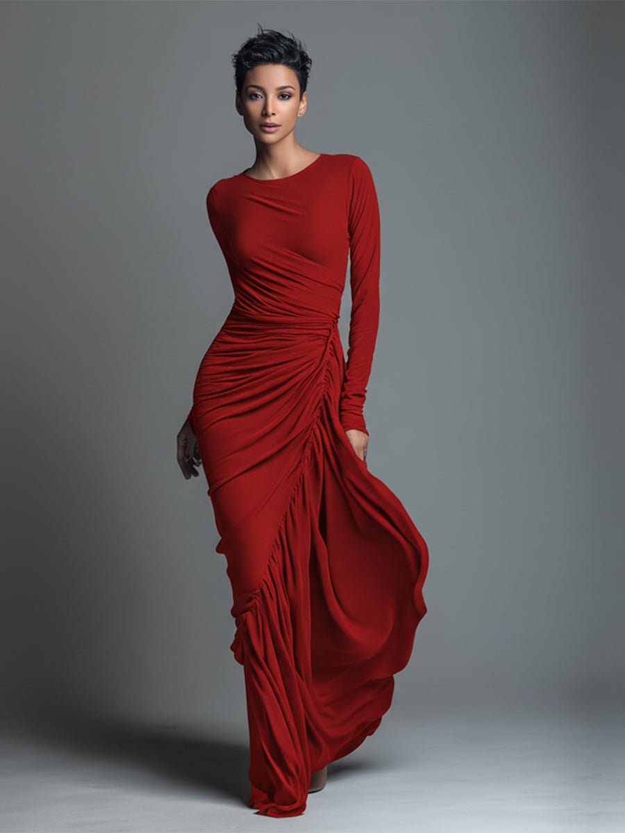 Zara | Dames Maxi Jurk - Jersey met Ruches, Lange Mouwen Rood
