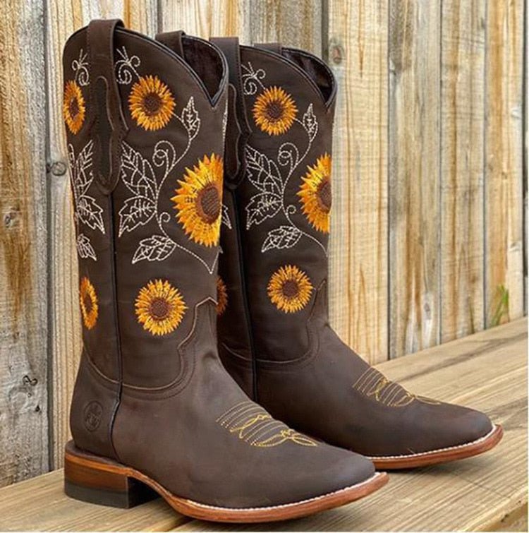 Chāme | Dames Cowboylaarzen met Geborduurde Zonnebloemen - Vintage Western Cowgirl Boots met Blokhak en Puntneus