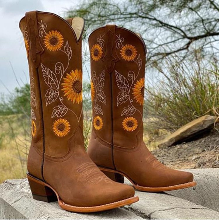 Chāme | Dames Cowboylaarzen met Geborduurde Zonnebloemen - Vintage Western Cowgirl Boots met Blokhak en Puntneus