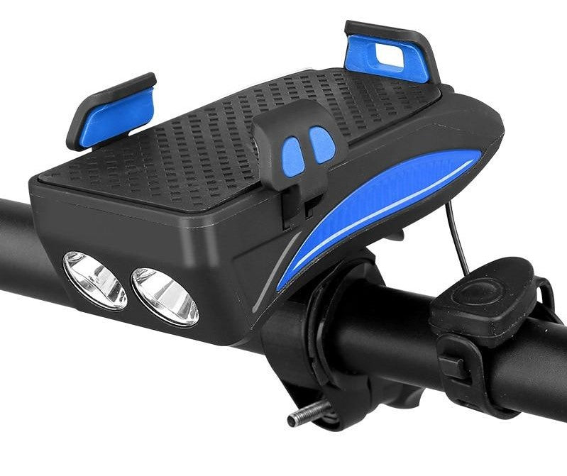 4-in-1 Fietsgadget – Telefoonhouder, Powerbank, LED Verlichting en Claxon Blauw