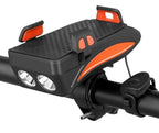 4-in-1 Fietsgadget – Telefoonhouder, Powerbank, LED Verlichting en Claxon Oranje