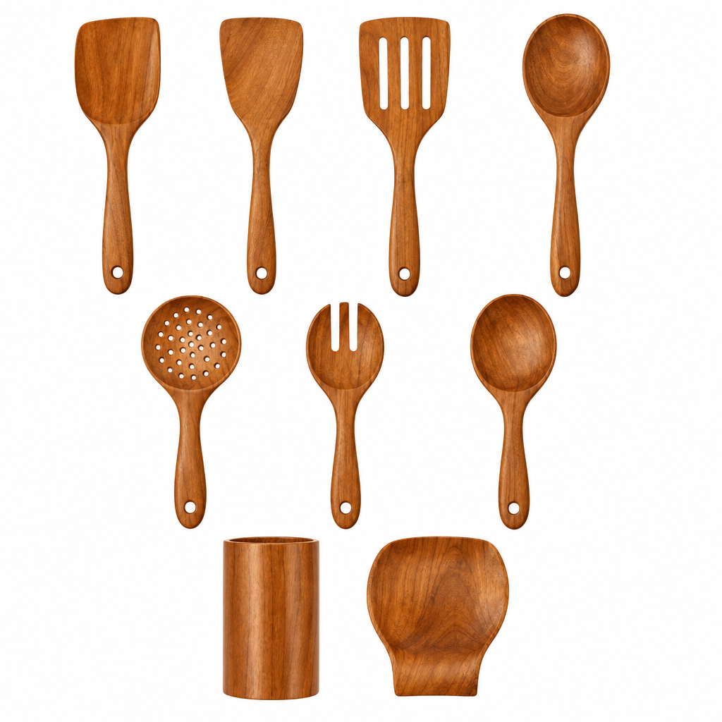 Traditionele Japanse Houten Keukengereedschappen (7-delig) – Onbehandelde Houten Pollepels & Spatels