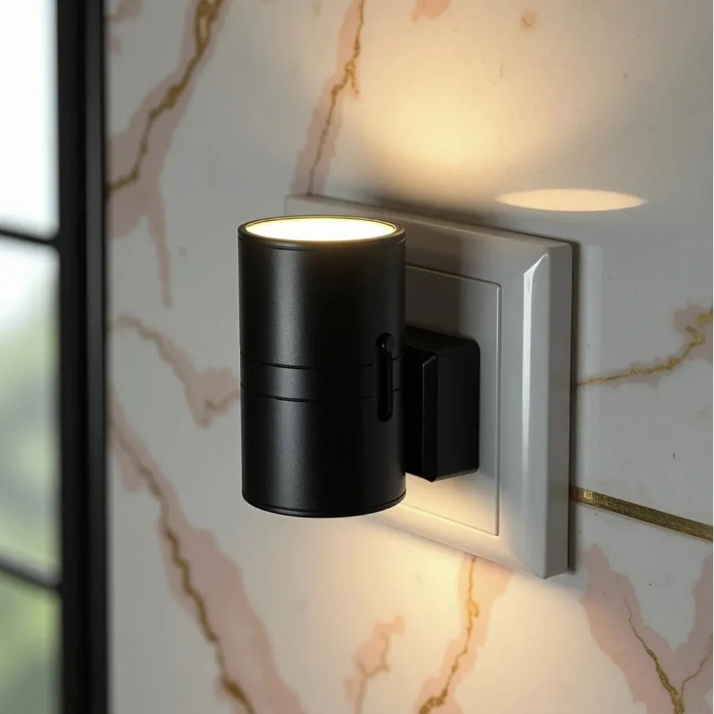 NightLuxe Bauhaus-design Nachtlampje – Dimbaar LED Stopcontact Nachtlampje met Schemersensor, Warmwit 3000K, voor Gang & Slaapkamer Zwart