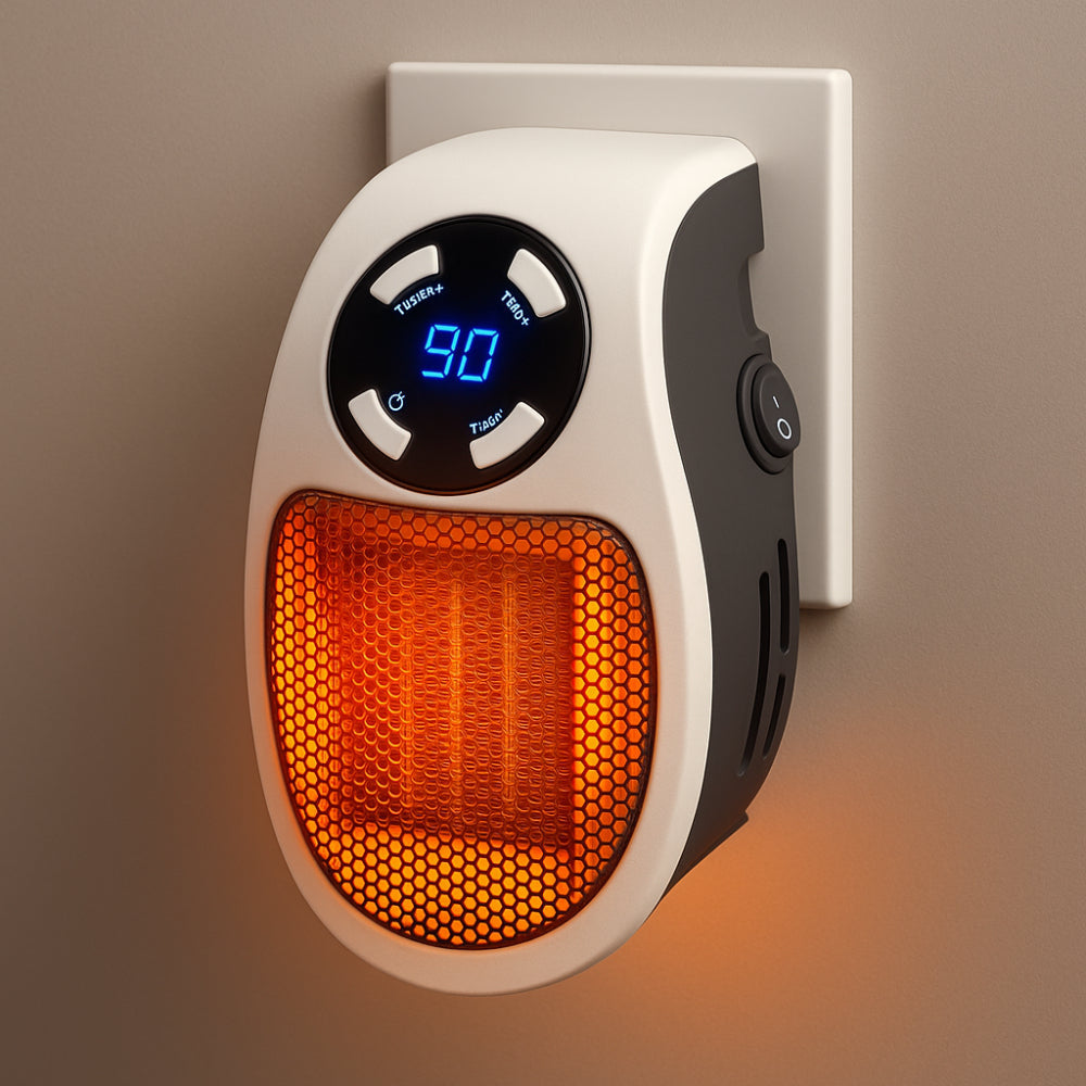Stopcontact Kachel 350W – Mini Keramische Elektrische Kachel met Thermostaat, Timer 1-12 Uur & LED-display, Badkamer & Kantoor