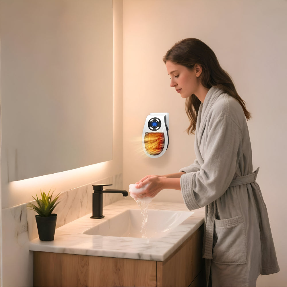 Stopcontact Kachel 350W – Mini Keramische Elektrische Kachel met Thermostaat, Timer 1-12 Uur & LED-display, Badkamer & Kantoor