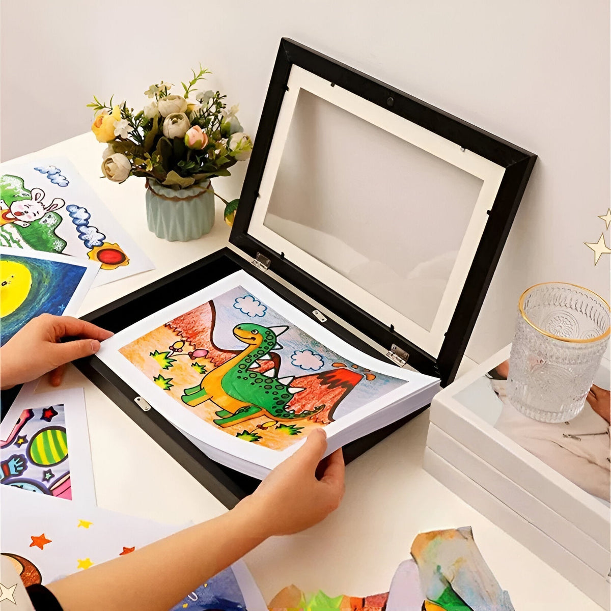 Kinderkunst Wissellijst A4 / A3 – Houten Wissellijst voor Kindertekeningen, Bewaart 150 Tekeningen, 6 Kleuren