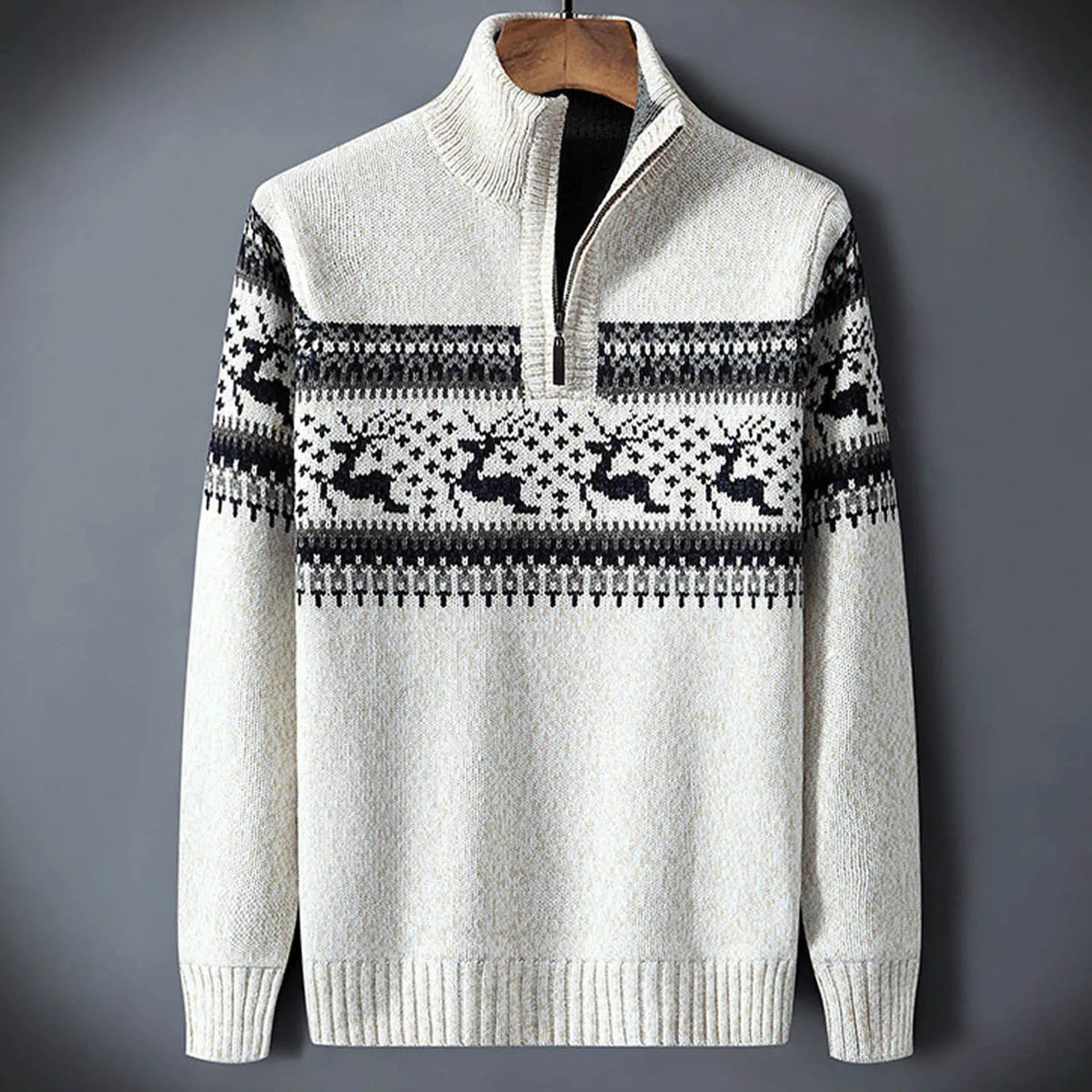 Calico | Fair Isle Trui met Halve Rits voor Heren - Warme Noorse Gebreide Sweater met Opstaande Kraag & Vintage Winterpatroon Wit