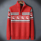 Calico | Fair Isle Trui met Halve Rits voor Heren - Warme Noorse Gebreide Sweater met Opstaande Kraag & Vintage Winterpatroon Rood